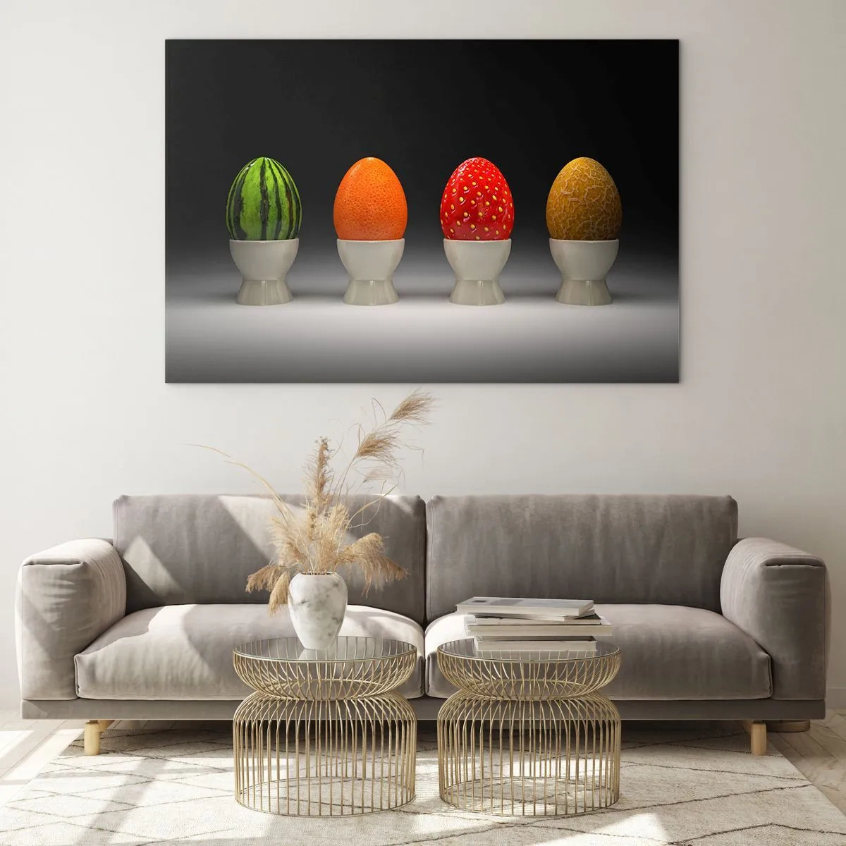 Glastavla - Bild på glas - Ägg i fruktskal på ett stativ - 70x50cm - Fruktfrukost - Modern väggdekoration för vardagsrum och sovrum ARTTOR