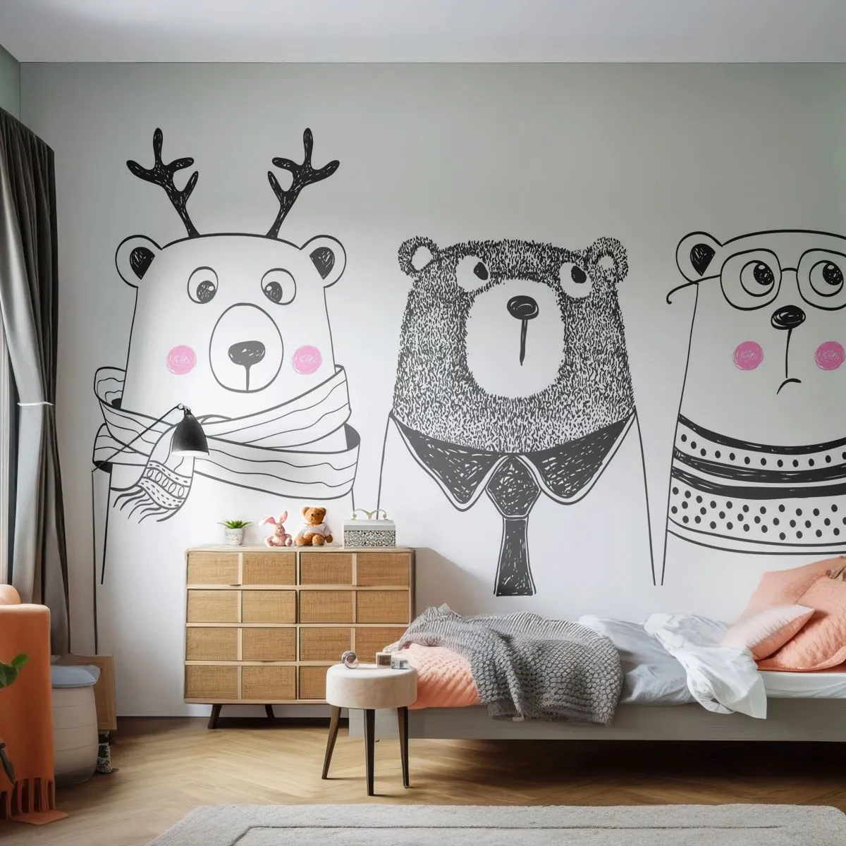 Självhäftande Fototapet Deluxe Sticker - Tre björnar - För barn, Björn, Illustration - 250x175 cm