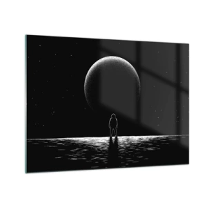 Glastavla - Bild på glas - Astronaut som står framför en planet i svartvitt - 70x50cm - Ansikte mot ansikte - Modern väggdekoration för vardagsrum och sovrum ARTTOR