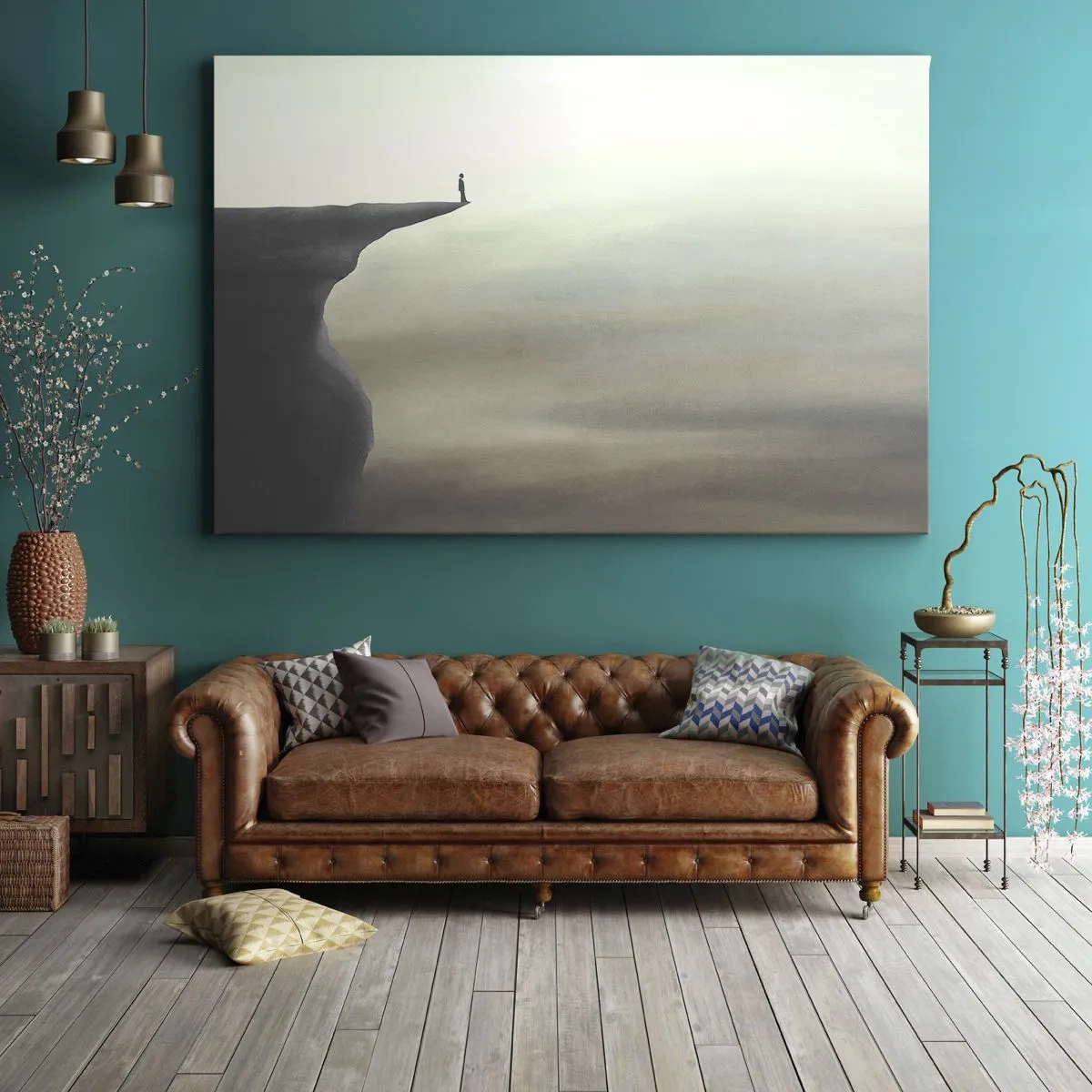 Canvastavla - Bild på duk - Silhuett av en figur på kanten av en klippa i ett dimmigt landskap - 70x50cm - Uppåt, naturligtvis! - Modern väggdekoration för vardagsrum och sovrum ARTTOR