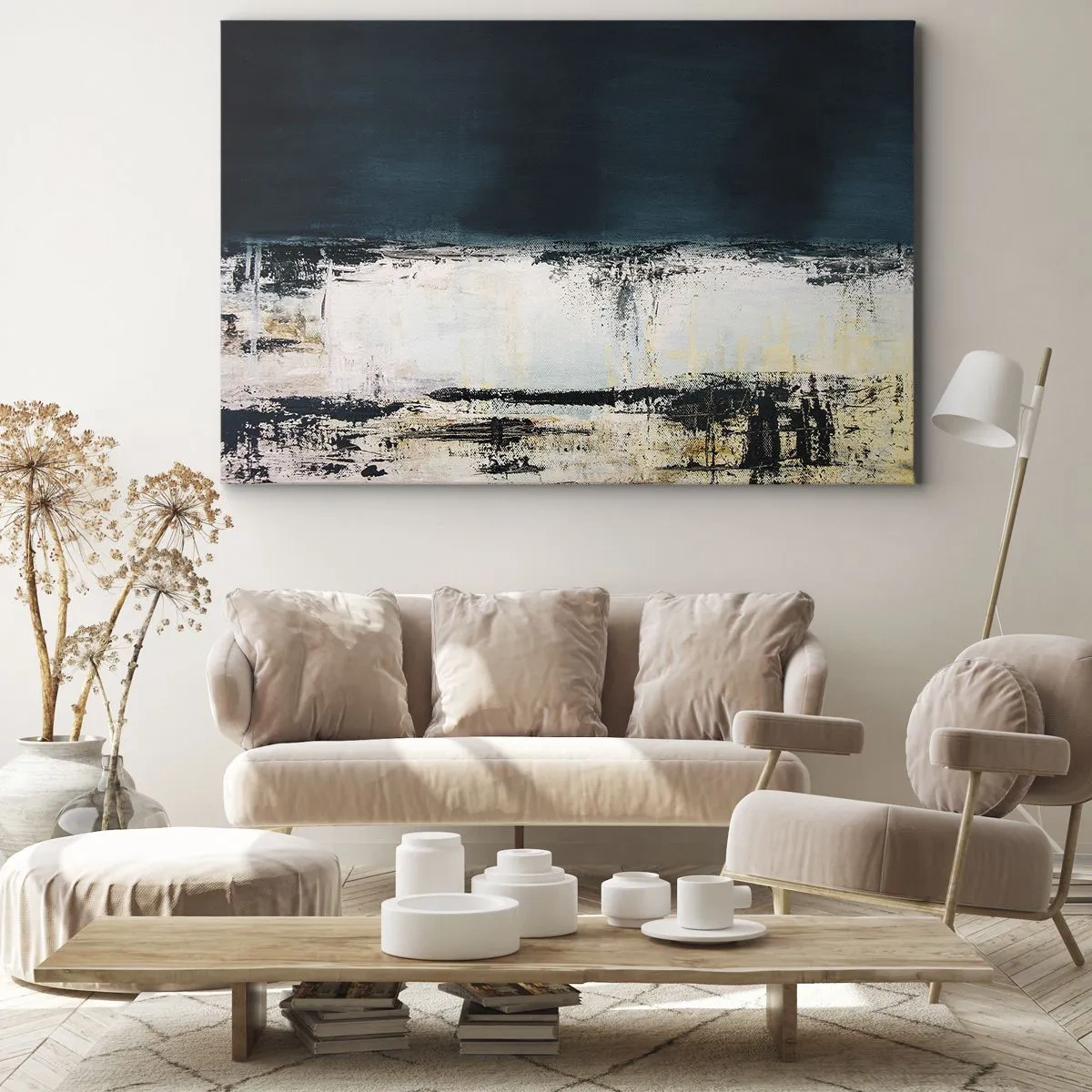 Canvastavla - Bild på duk - Abstrakt horisontell komposition i nyanser av marinblått och vitt - 70x50cm - Horisontell komposition - Modern väggdekoration för vardagsrum och sovrum ARTTOR