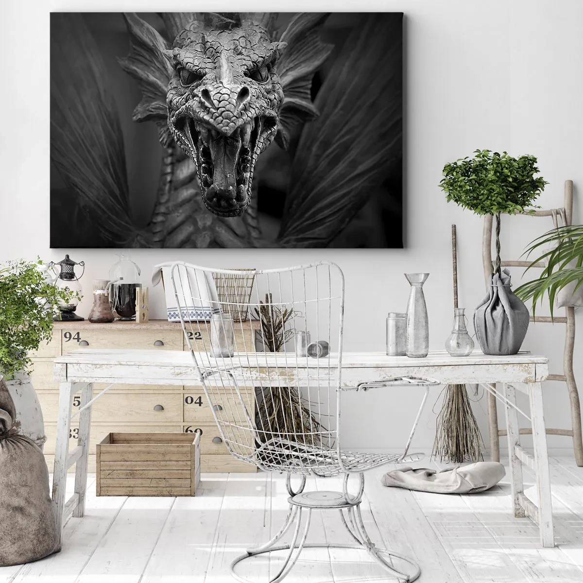 Canvastavla - Bild på duk - En sagodrake i grånyans - 120x80 cm
