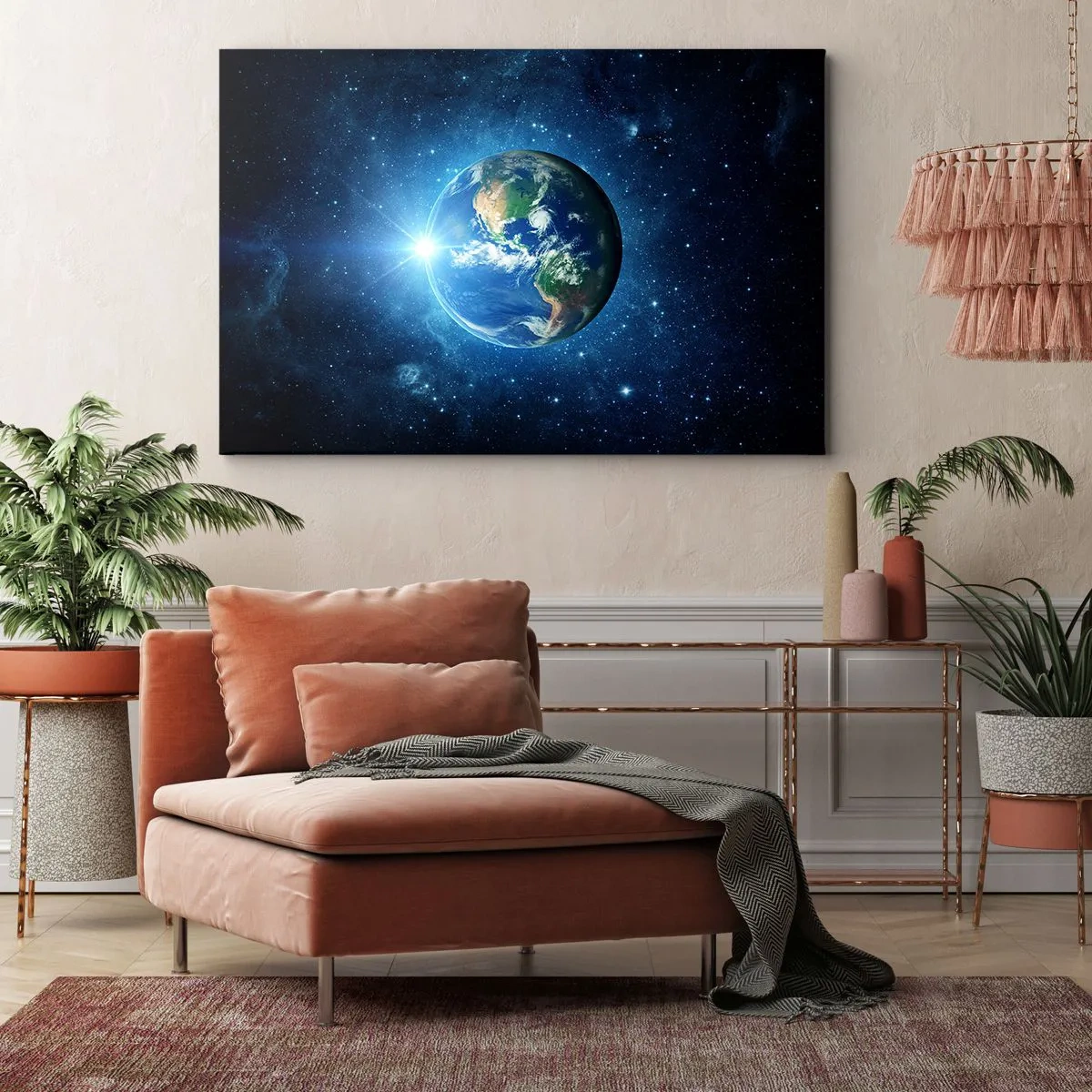 Canvastavla - Bild på duk - Jorden i rymden omgiven av stjärnor och ljus - 70x50cm - Vi är i himlen - Modern väggdekoration för vardagsrum och sovrum ARTTOR