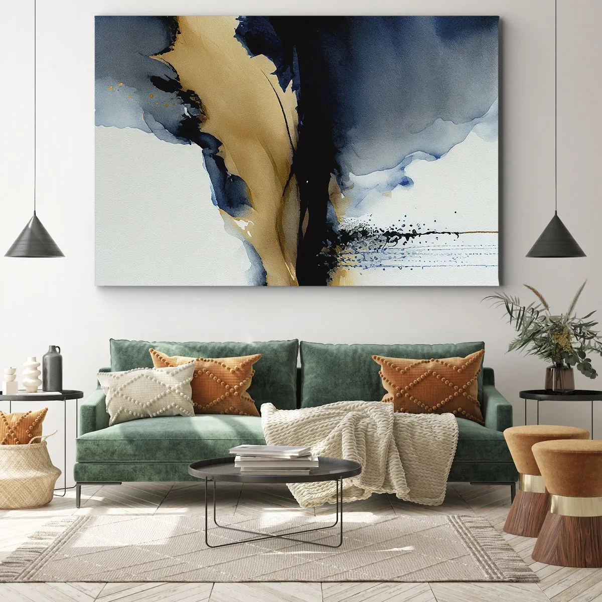 Canvastavla - Bild på duk - En abstrakt komposition i nyanser av marinblått och guld - 70x50cm - Bakom ridån - Modern väggdekoration för vardagsrum och sovrum ARTTOR