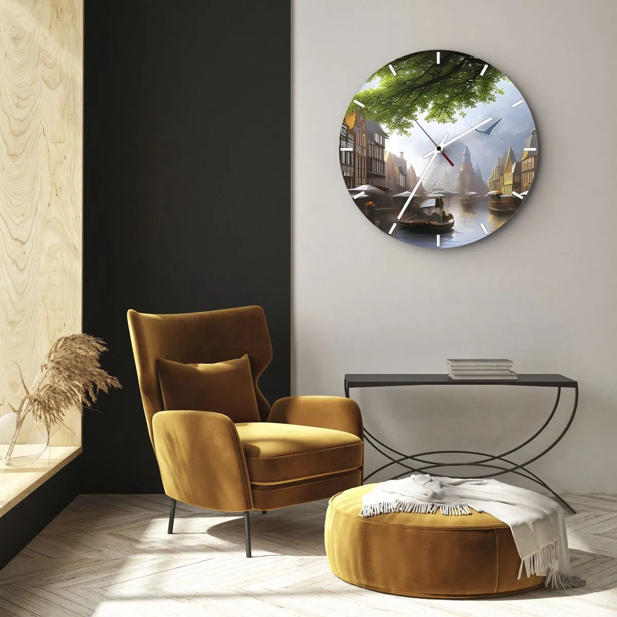 Väggklocka - Klocka på glas - Vattenkanal med båtar och historiska hyreshus - 30x30cm - Holländsk stadsbild - Modern väggdekoration för vardagsrum, kök och sovrum ARTTOR