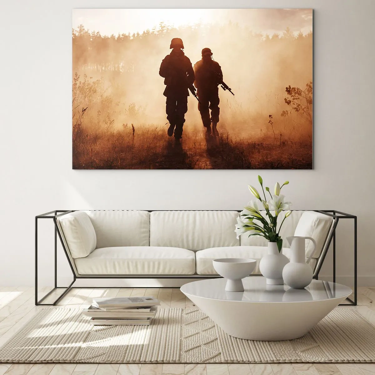 Glastavla - Bild på glas - Två soldater i aktion mot bakgrund av den nedgående solen - 70x50cm - Call of Duty - Modern väggdekoration för vardagsrum och sovrum ARTTOR