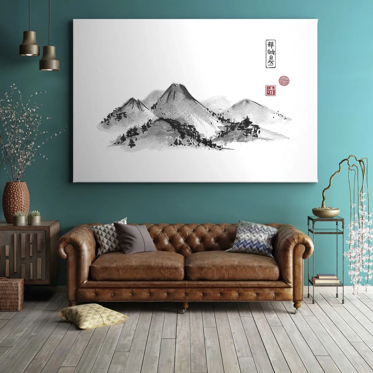 Canvastavla - Bild på duk - Traditionellt bergslandskap i stil med japansk bläckmålning - 70x50cm - Bortom fjällen - Modern väggdekoration för vardagsrum och sovrum ARTTOR