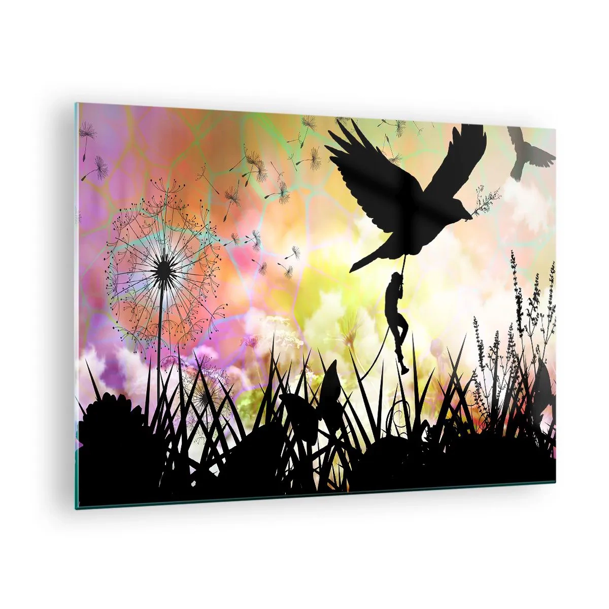 Glastavla - Bild på glas - Illustration av en figur som klättrar på en fågel mot en bakgrund av färgglada blommor. - 70x50cm - I sagostämningen - Modern väggdekoration för vardagsrum och sovrum ARTTOR