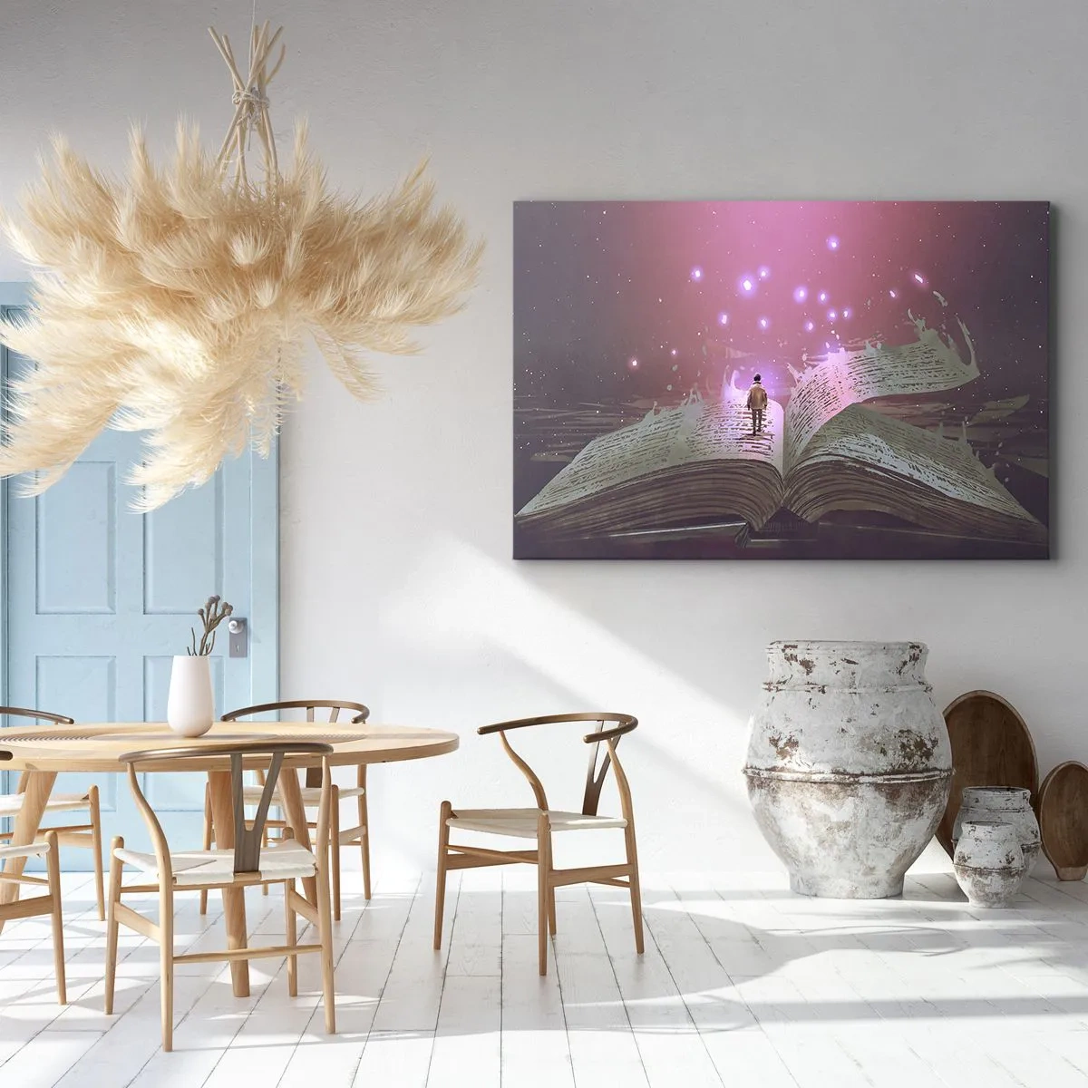 Canvastavla - Bild på duk - En figur kliver på en öppen bok i ett magiskt ljus. - 70x50cm - Inbjudan till en annan värld - läs! - Modern väggdekoration för vardagsrum och sovrum ARTTOR