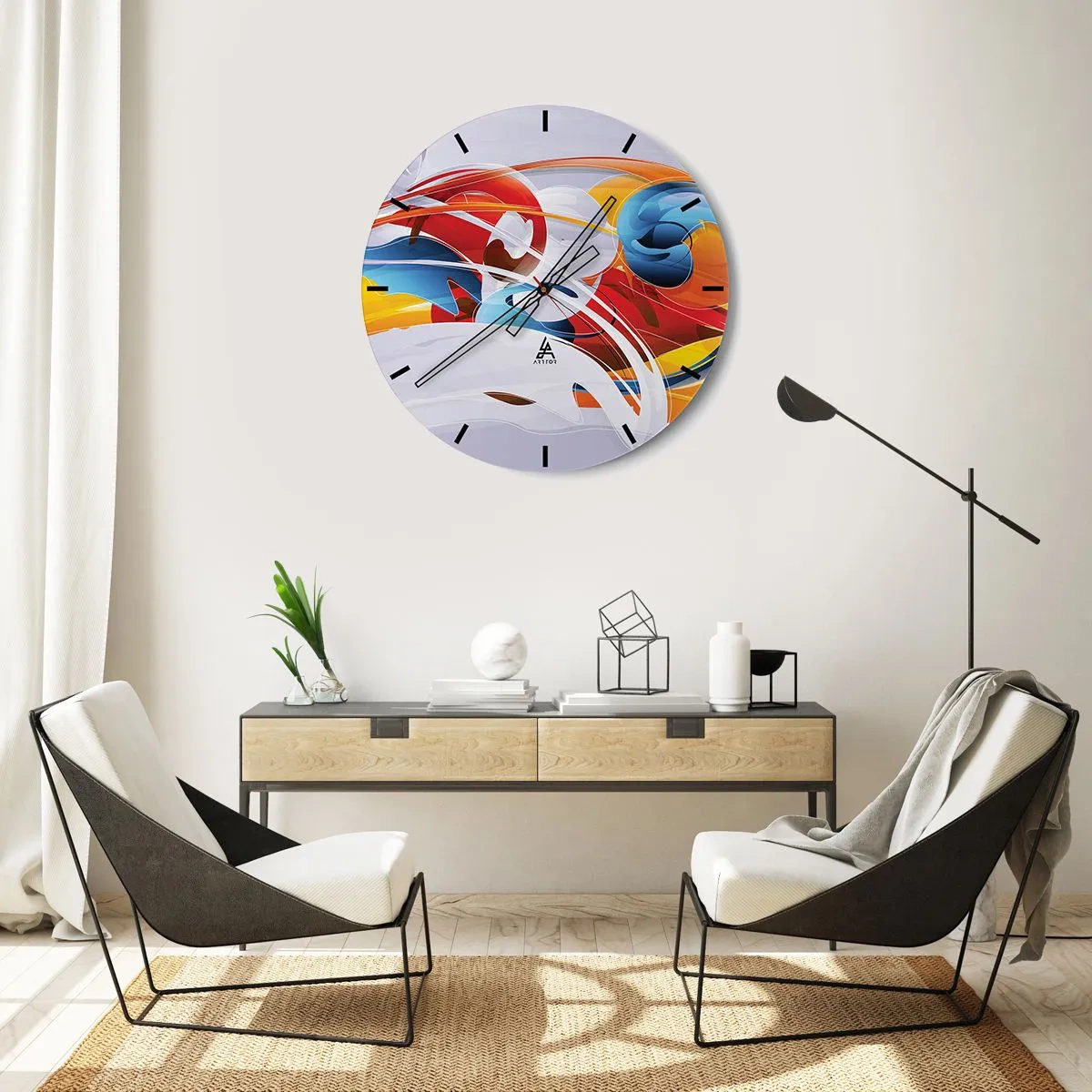 Väggklocka - Klocka på glas - Abstrakta former i dynamiska röda, blå och gula färger - 30x30cm - Elementens dans - Modern väggdekoration för vardagsrum, kök och sovrum ARTTOR