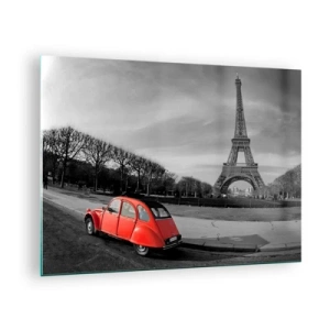 Glastavla - Bild på glas - En röd bil med Eiffeltornet i bakgrunden i svartvitt - 70x50cm - Mera parisianskt än själva Paris - Modern väggdekoration för vardagsrum och sovrum ARTTOR