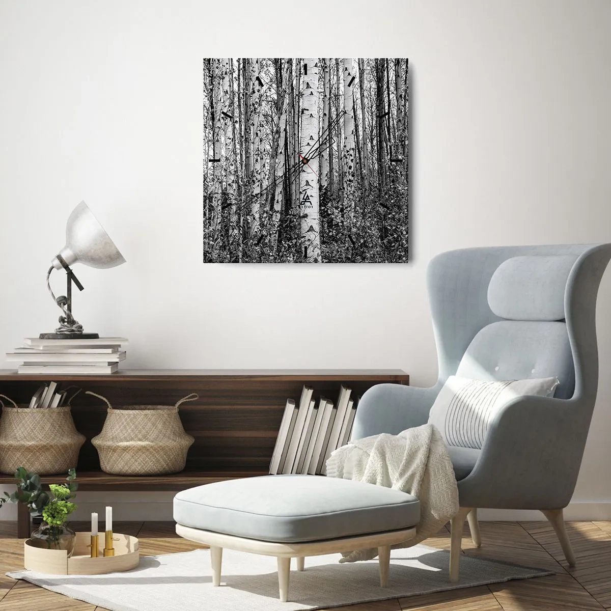 Väggklocka - Klocka på glas - Björkpelargång - 30x30 cm