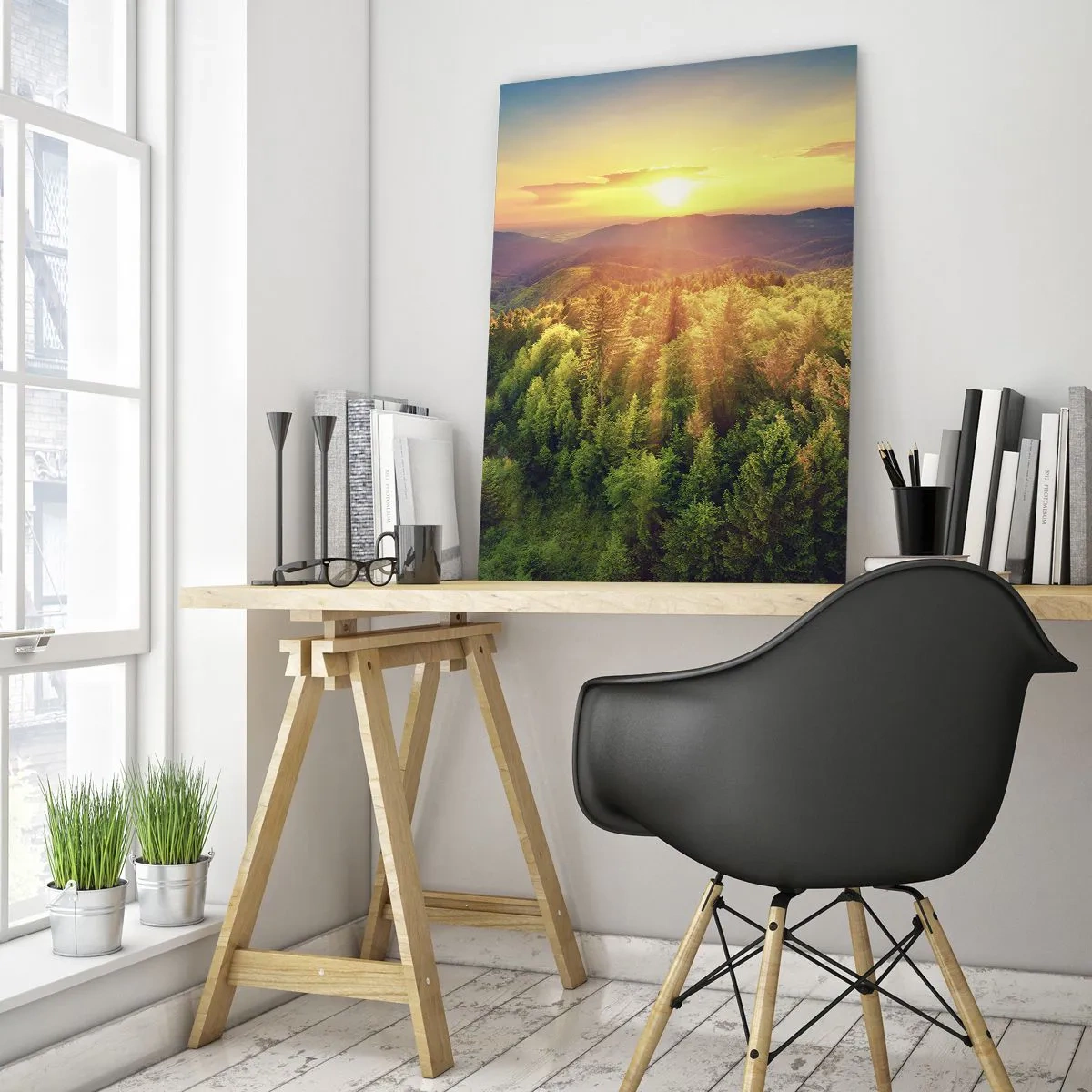 Glastavla - Bild på glas - Trädtoppar och bergstoppar - 50x70 cm
