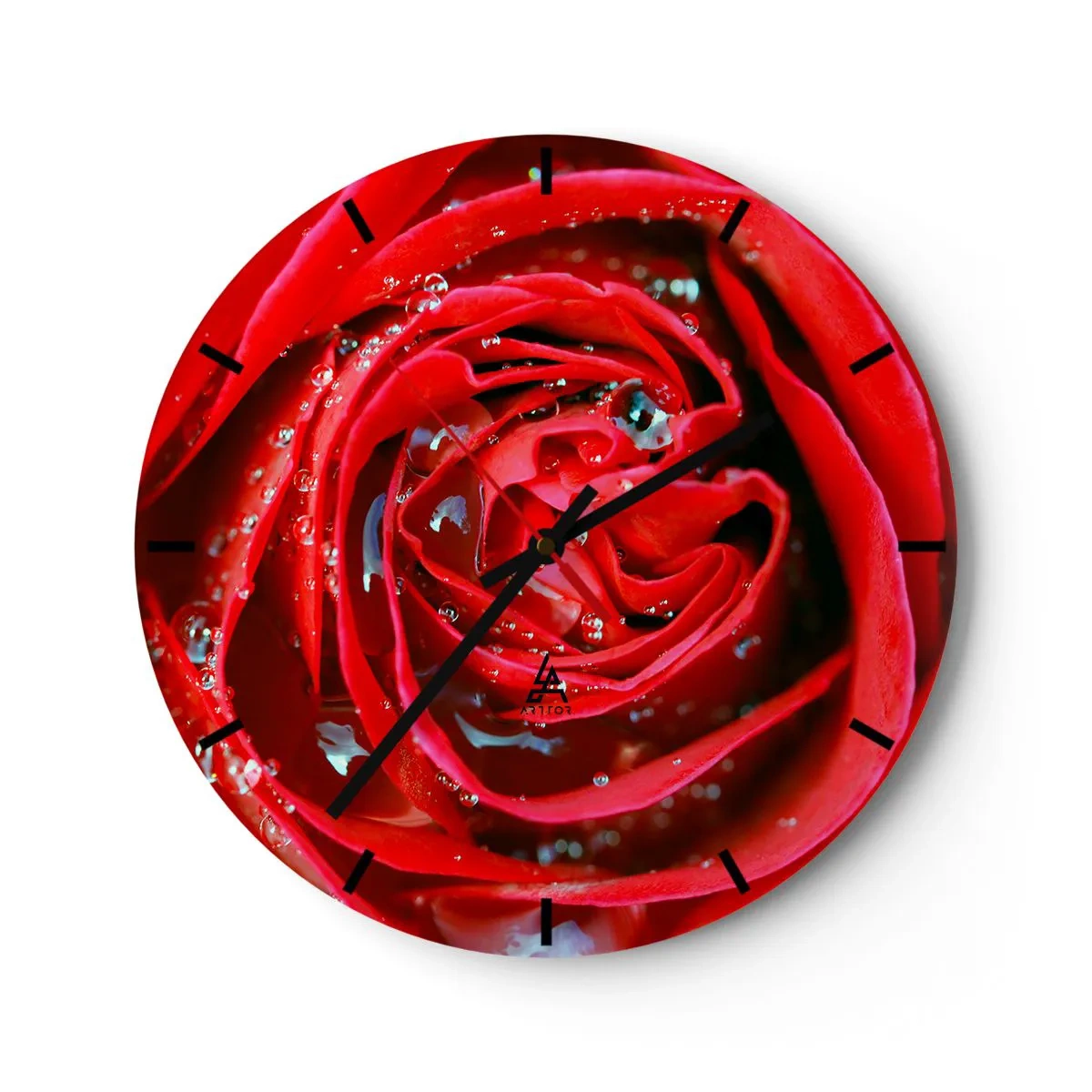 Väggklocka - Klocka på glas - En närbild av en röd ros täckt av vattendroppar - 30x30cm - Daggdroppar - Modern väggdekoration för vardagsrum, kök och sovrum ARTTOR