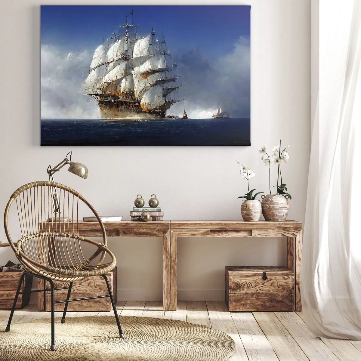 Canvastavla - Bild på duk - Ett segelfartyg på öppet hav under en blå himmel - 70x50cm - The great glory! - Modern väggdekoration för vardagsrum och sovrum ARTTOR