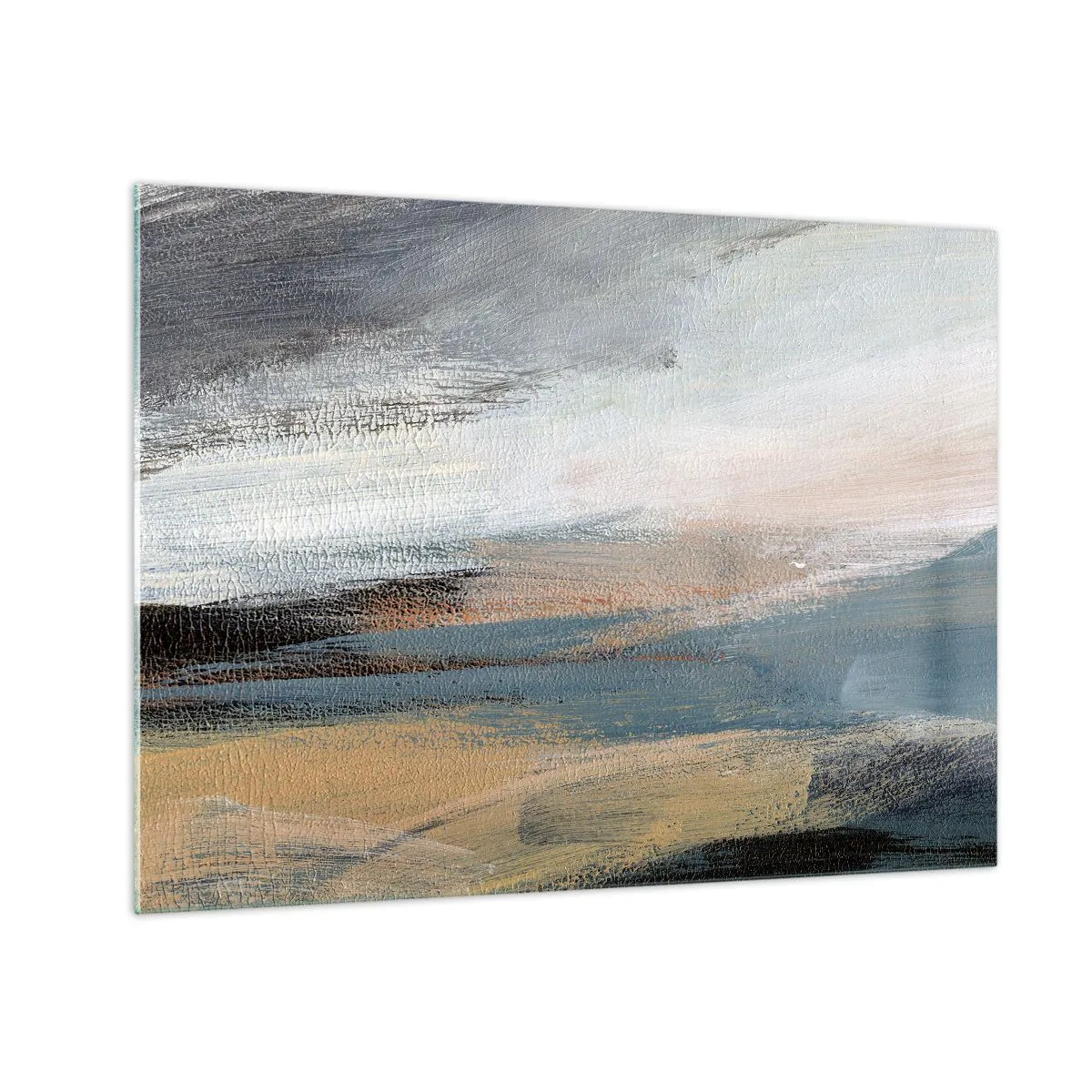 Glastavla - Bild på glas - Ett abstrakt landskap i svala och jordnära färger. - 70x50cm - Abstraktion: nordligt landskap - Modern väggdekoration för vardagsrum och sovrum ARTTOR