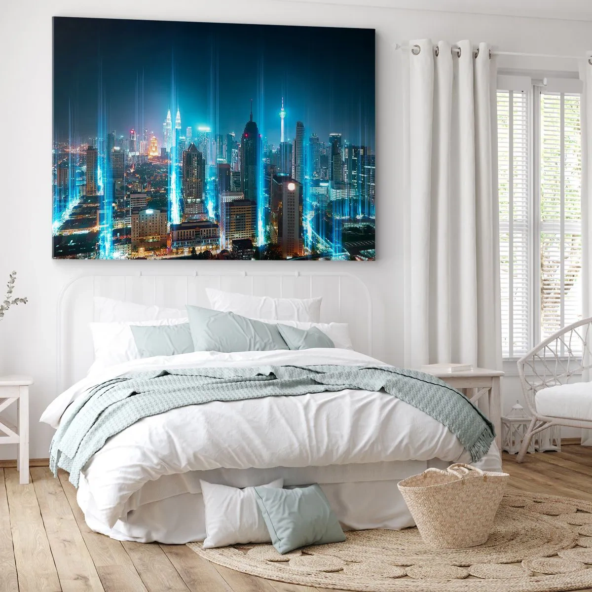 Canvastavla - Bild på duk - En modern stad på natten med futuristiska ljusaccenter. - 70x50cm - Himmelsfärd på berlinskt sätt - Modern väggdekoration för vardagsrum och sovrum ARTTOR