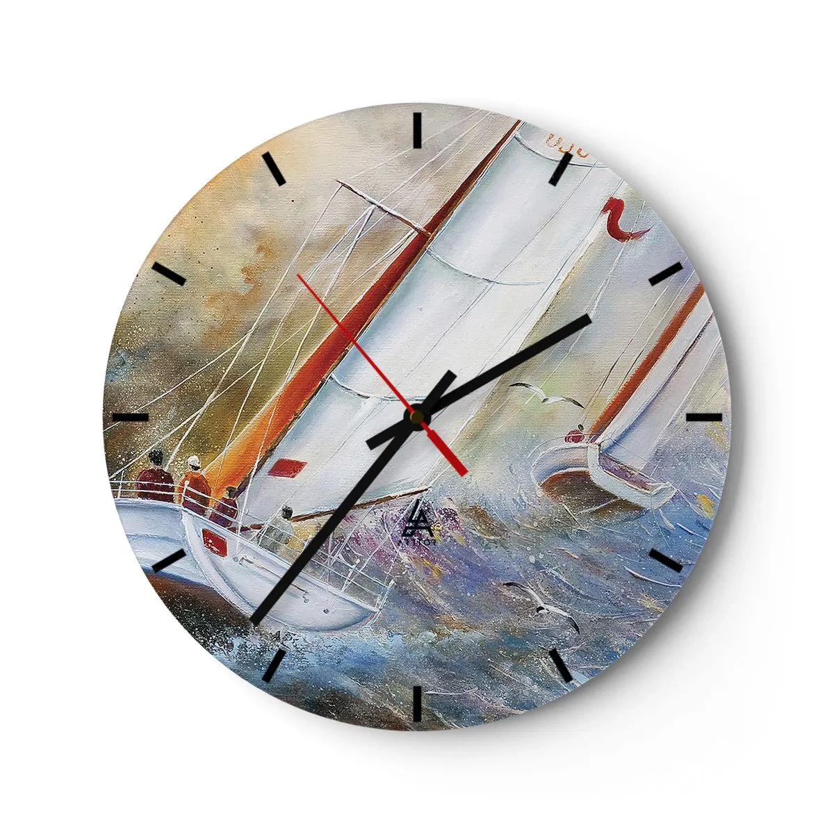 Väggklocka - Klocka på glas - Segelbåtar på ett stormigt hav i ett konstnärligt tillvägagångssätt - 30x30cm - Springande på vågorna - Modern väggdekoration för vardagsrum, kök och sovrum ARTTOR