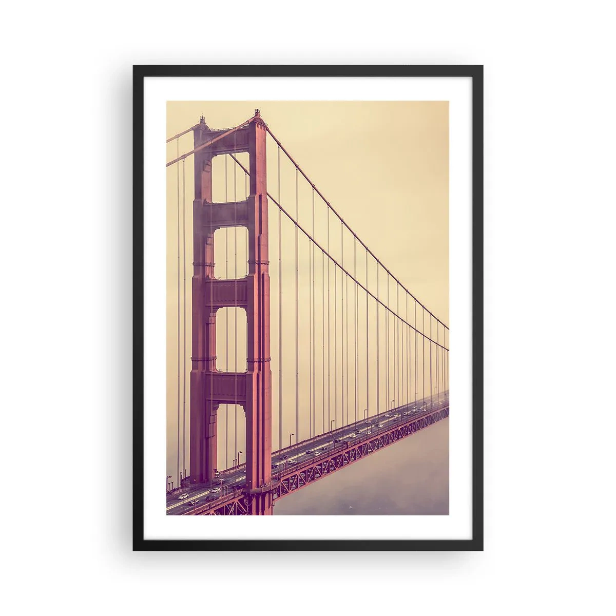 Affisch i svart ram - Golden Gate-bron i vintagedimma - 50x70cm - Mellan himlen och jorden - Modern väggdekoration för vardagsrum och sovrum ARTTOR