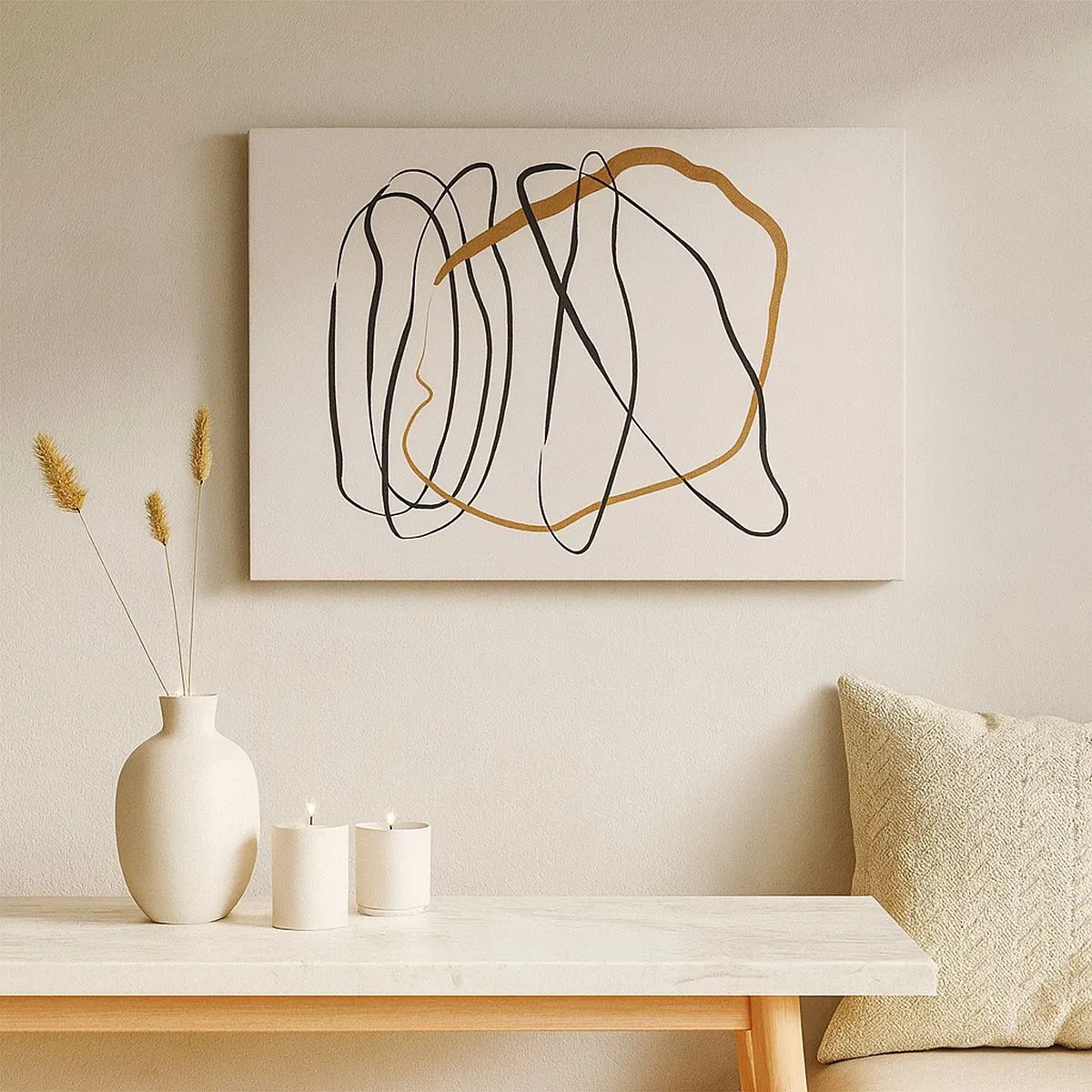 Canvastavla - Bild på duk - Konstnärliga linjer i svart och guld mot en ljus bakgrund - 70x50cm - Komposition: besittande dans - Modern väggdekoration för vardagsrum och sovrum ARTTOR
