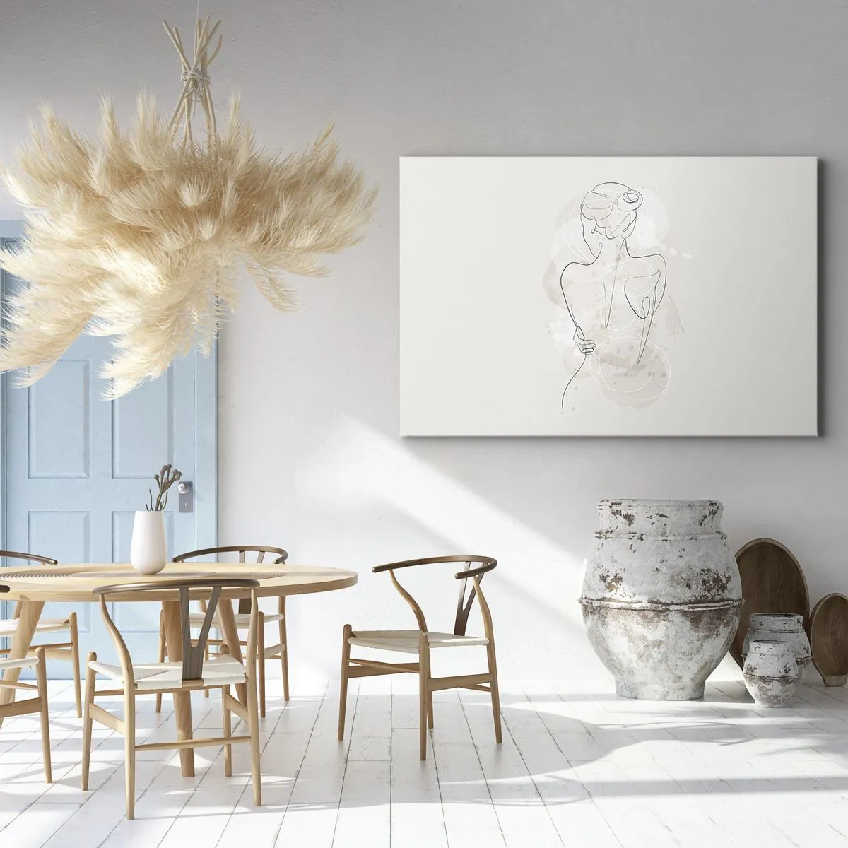 Canvastavla - Bild på duk - En minimalistisk skiss av en kvinnlig silhuett mot en ljus bakgrund. - 70x50cm - Som ett känsligt instrument - Modern väggdekoration för vardagsrum och sovrum ARTTOR