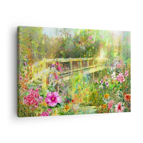 Canvastavla - Bild på duk - En bro omgiven av frodig vegetation och blommor - 70x50cm - Vårsuckarnas bro - Modern väggdekoration för vardagsrum och sovrum ARTTOR