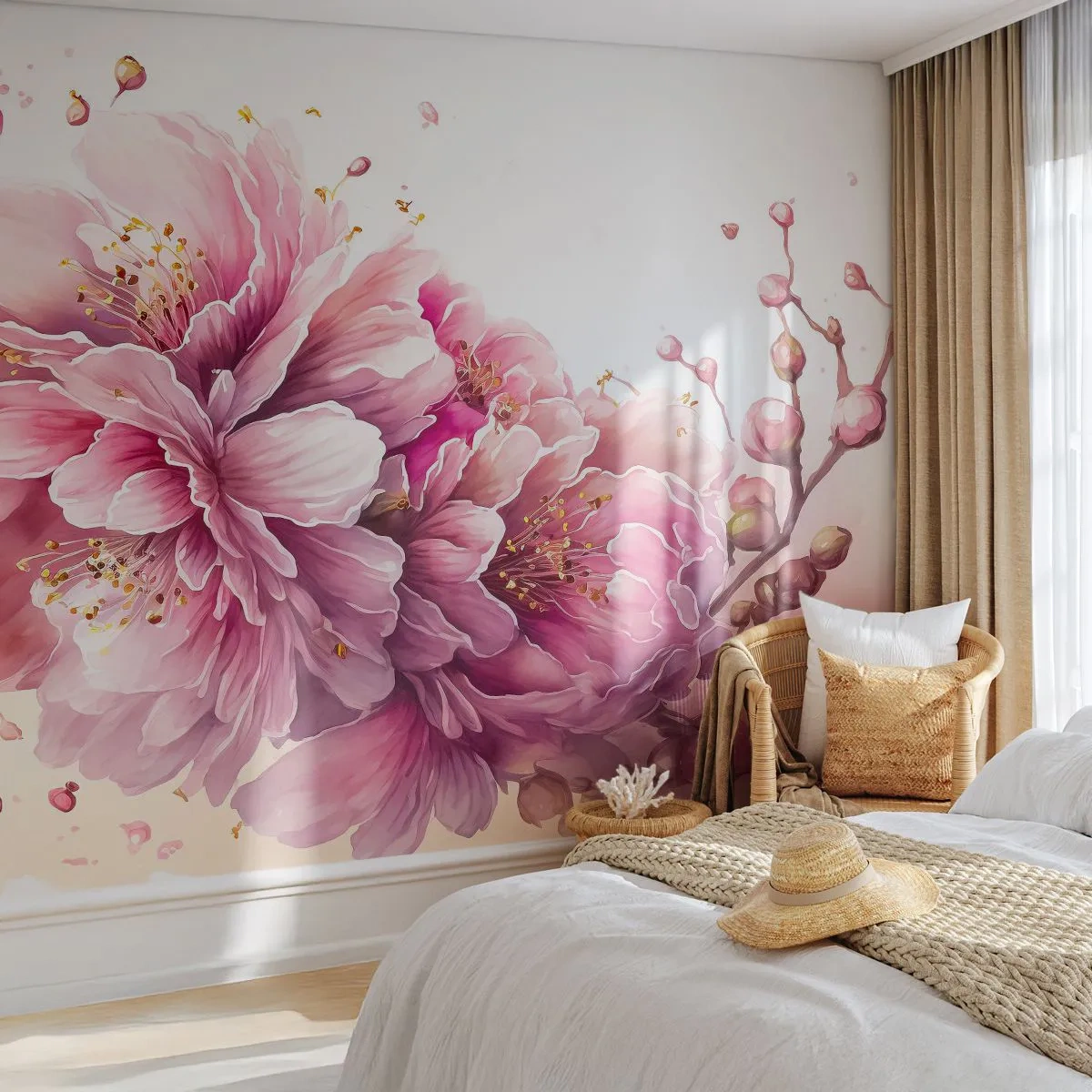 Fototapet Premium Sand - Blommande körsbärsblomma - Blomning, Blomma, Vattenfärg - 100x70 cm