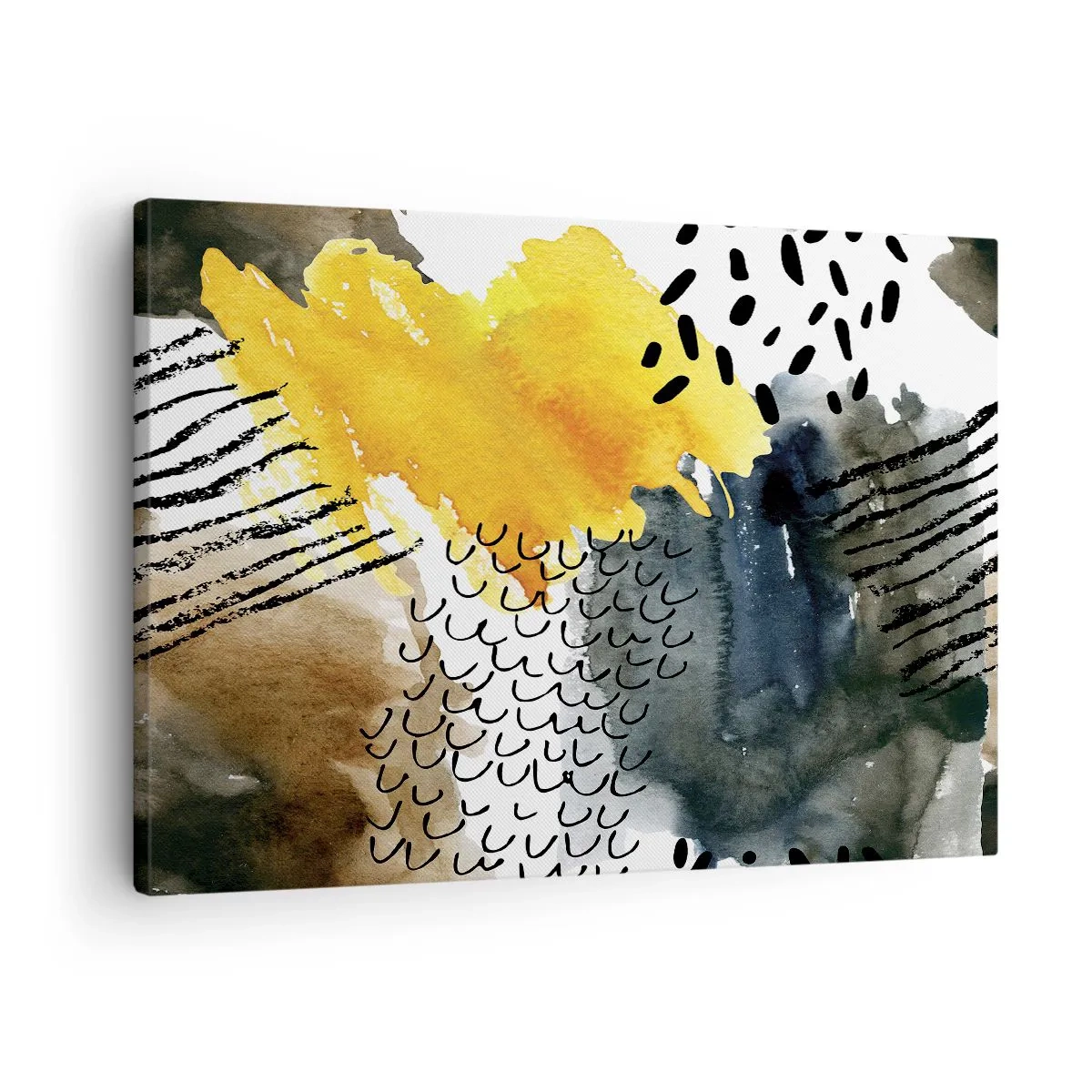 Canvastavla - Bild på duk - En abstrakt komposition med gula accenter och grafiska mönster. - 70x50cm - Elementens möte - Modern väggdekoration för vardagsrum och sovrum ARTTOR