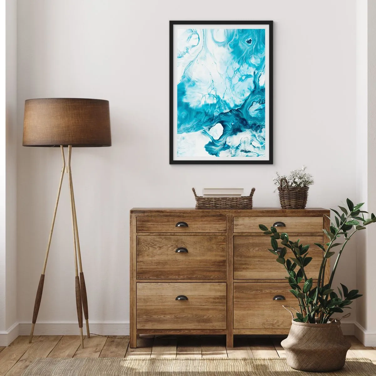 Affisch i svart ram - Abstrakt komposition i nyanser av blått och vitt - 50x70cm - Blåhetens konsert - Modern väggdekoration för vardagsrum och sovrum ARTTOR