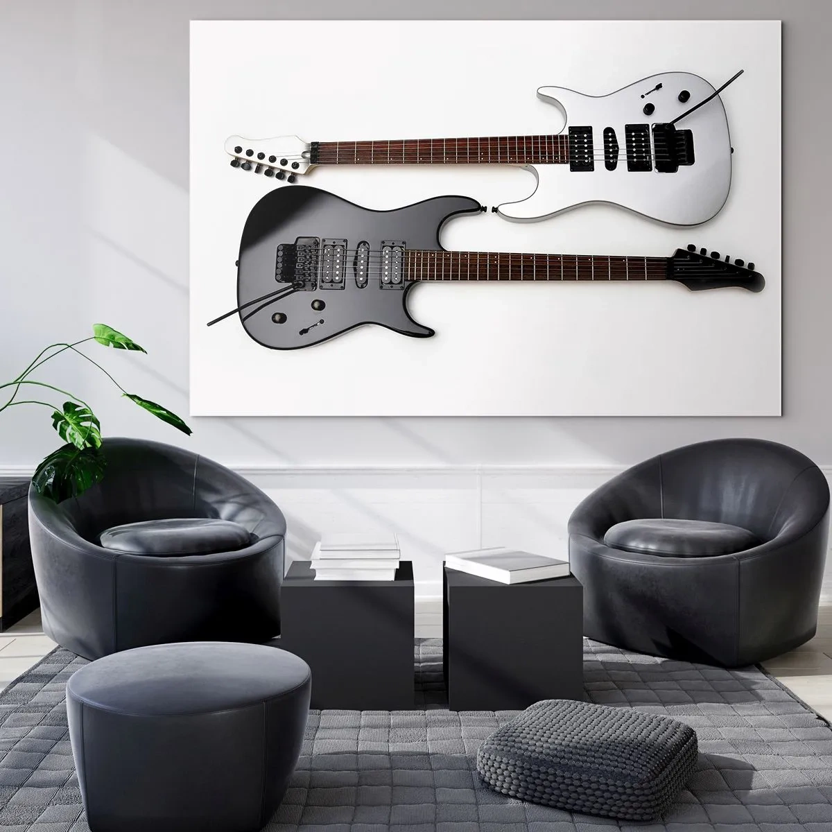 Glastavla - Bild på glas - Svarta och vita elgitarrer på vit bakgrund - 70x50cm - Formens harmoni - Modern väggdekoration för vardagsrum och sovrum ARTTOR