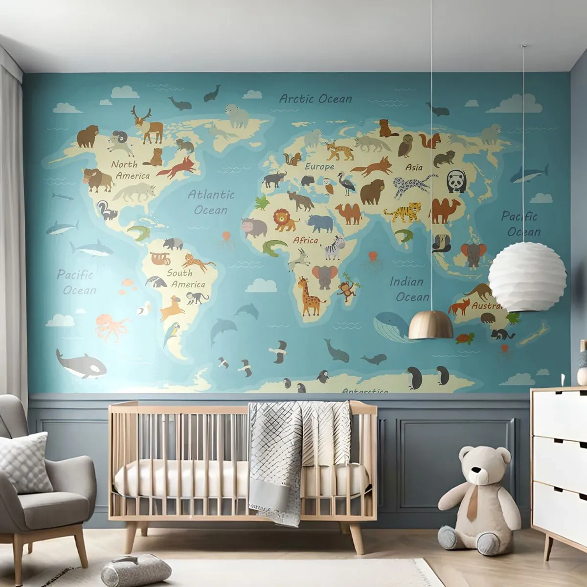 Självhäftande Fototapet Deluxe Sticker - Goda grannar - Världskarta, Karta Med Djur, Djur - 250x175 cm
