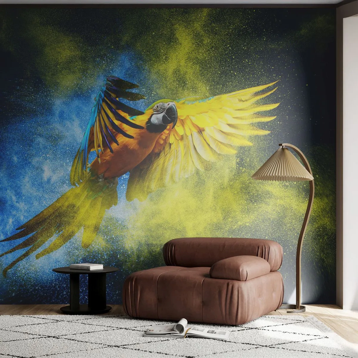 Fototapet Premium Canvas - I blå-gult damm - Papegoja, Abstraktion, Bit - 100x70 cm