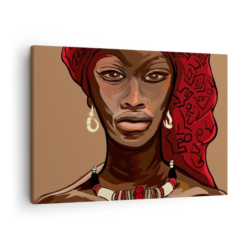 Canvastavla - Bild på duk - Porträtt av en kvinna med röd turban mot beige bakgrund - 70x50cm - Venus i ebenholts - Modern väggdekoration för vardagsrum och sovrum ARTTOR