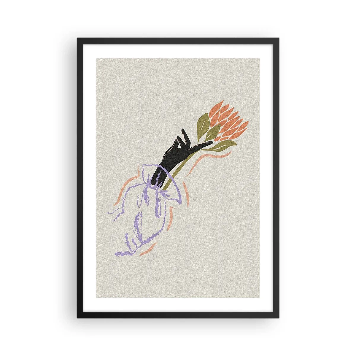 Affisch i svart ram - Abstrakt teckning av en hand som håller en blombukett - 50x70cm - En systerlig beröring - Modern väggdekoration för vardagsrum och sovrum ARTTOR