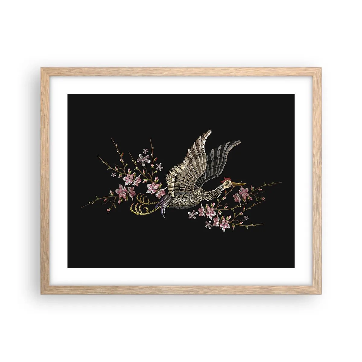 Affisch i ram av ljusek - Exotisk, broderad fågel - 50x40 cm