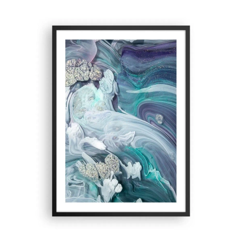 Affisch i svart ram - Ett abstrakt motiv med blå och gröna virvlar och texturer. - 50x70cm - Blåhetens strömmar - Modern väggdekoration för vardagsrum och sovrum ARTTOR