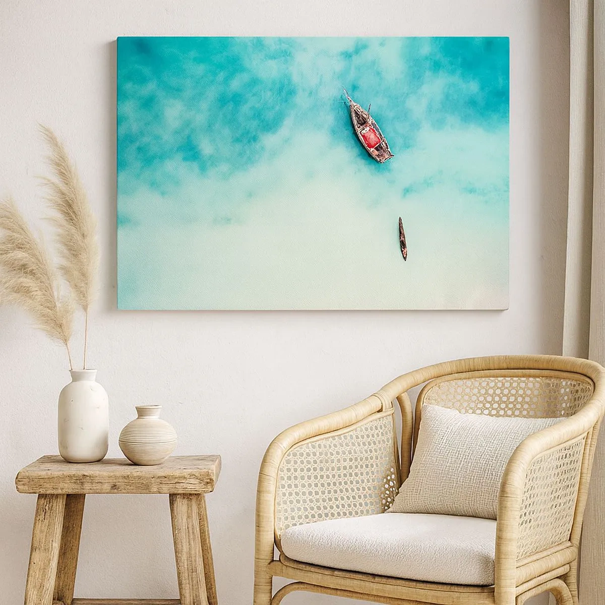 Canvastavla - Bild på duk - Båtar på turkost vatten sedda från ett fågelperspektiv - 70x50cm - Högvatten på stranden i Zanzibar… - Modern väggdekoration för vardagsrum och sovrum ARTTOR