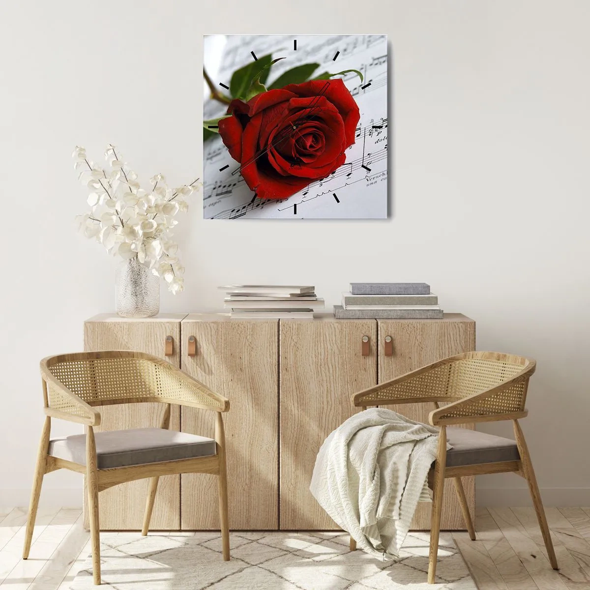 Väggklocka - Klocka på glas - Känslornas musik i scharlakansröd - 40x40 cm