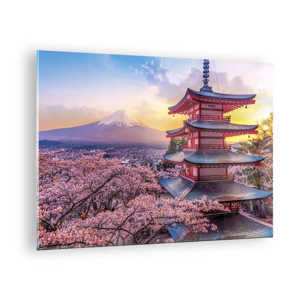 Glastavla - Bild på glas - En pagod i ett japanskt landskap med utsikt över berget Fuji och blommande träd - 70x50cm - Essens av den japanska andan - Modern väggdekoration för vardagsrum och sovrum ARTTOR