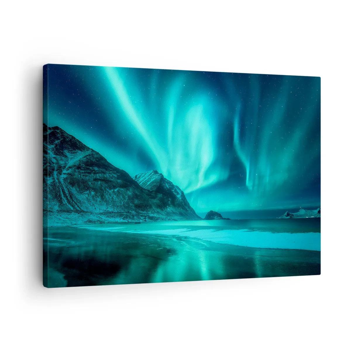 Canvastavla - Bild på duk - Norrsken över ett bergigt vinterlandskap - 70x50cm - Nordens underverk - Modern väggdekoration för vardagsrum och sovrum ARTTOR