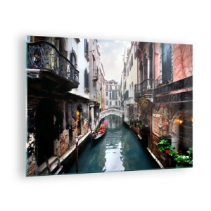 Glastavla - Bild på glas - En venetiansk kanal med en gondol omgiven av historiska byggnader - 70x50cm - Venedig-landskap med gondol och bro - Modern väggdekoration för vardagsrum och sovrum ARTTOR