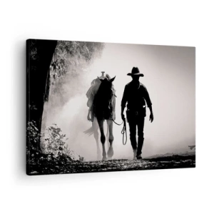 Canvastavla - Bild på duk - Cowboy med häst i morgondimman - 70x50cm - En morgon i Texas - Modern väggdekoration för vardagsrum och sovrum ARTTOR