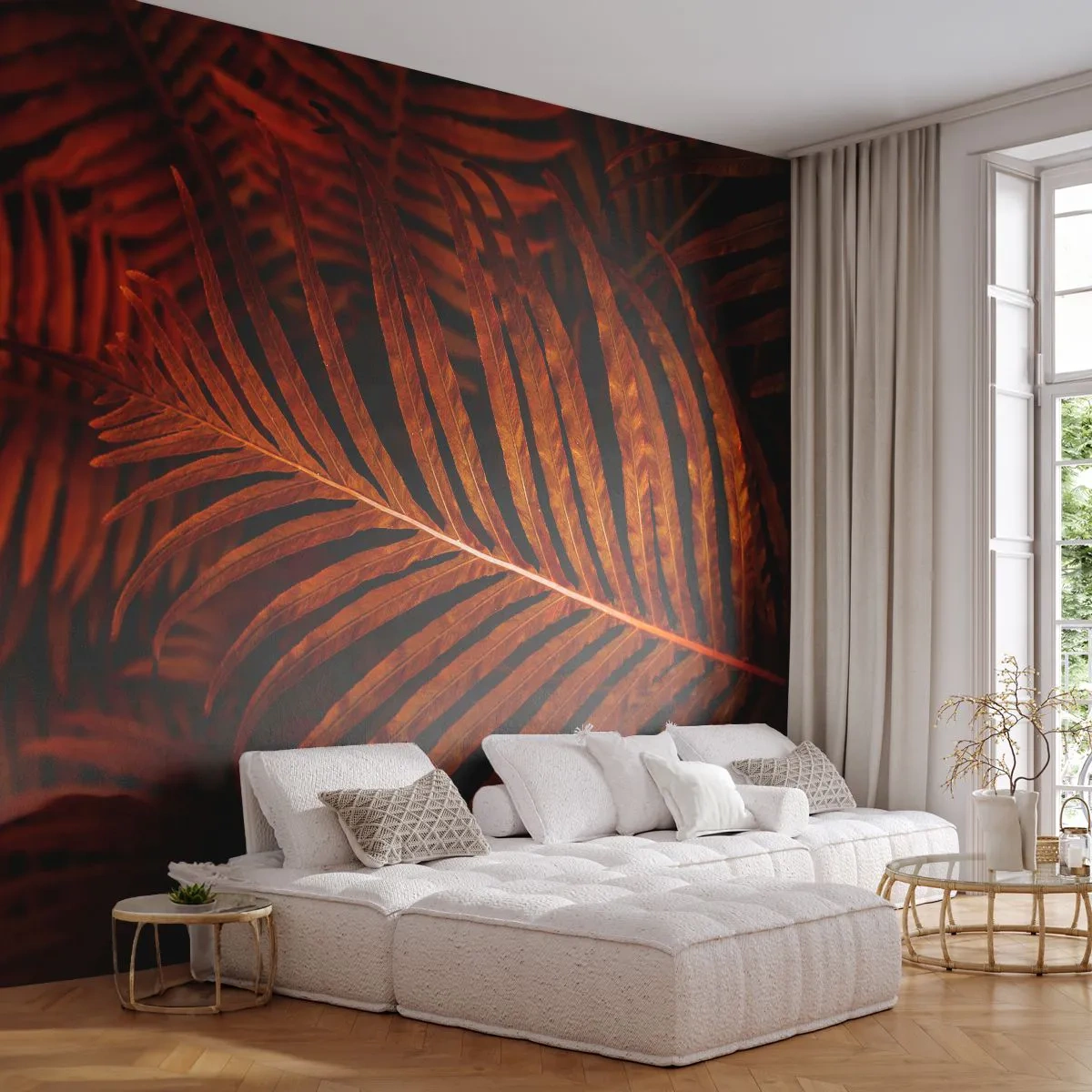 Fototapet Standard Eco - Mörkorange palmblad i atmosfäriskt ljus - 100x70cm - Livets glöd - Modern väggdekoration för vardagsrum och sovrum ARTTOR