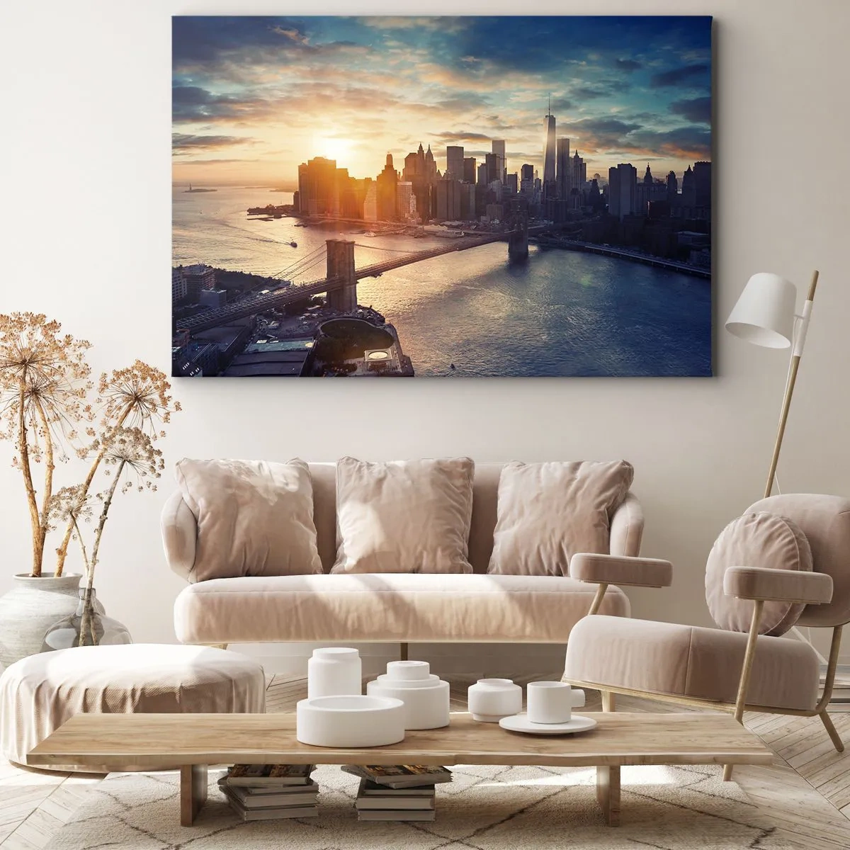 Canvastavla - Bild på duk - Panorama över staden med bron och floden i ljuset av den nedgående solen - 70x50cm - Västkulturens monument - Modern väggdekoration för vardagsrum och sovrum ARTTOR