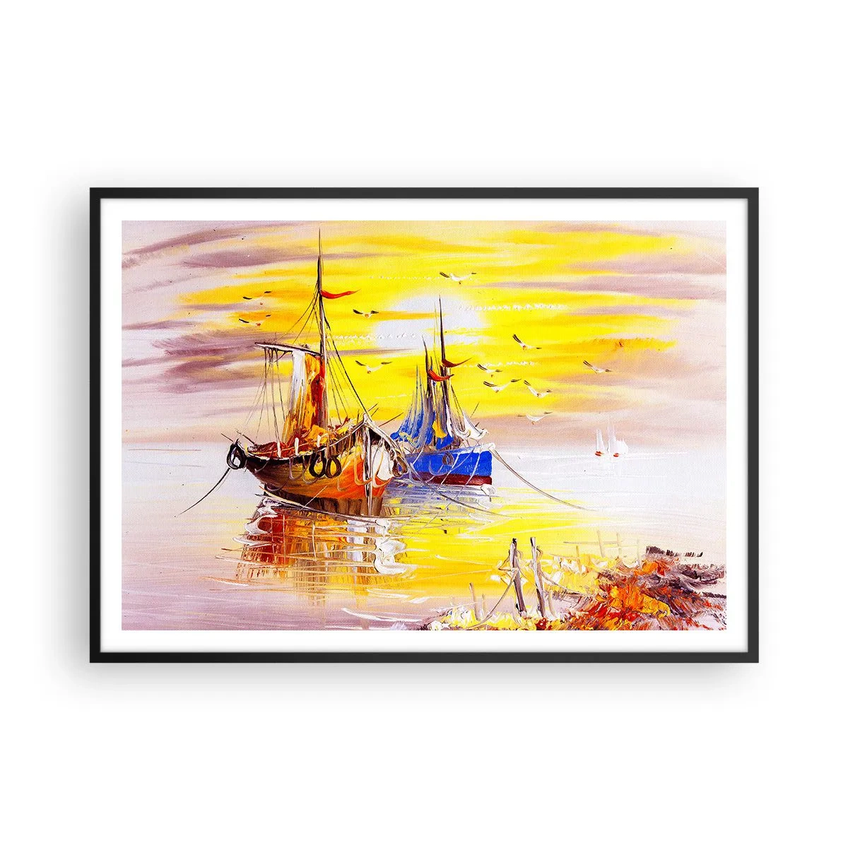Affisch i svart ram - Välförtjänt vila i hamnen - 100x70 cm