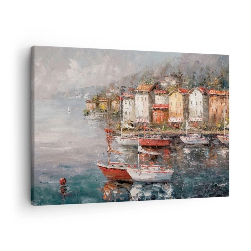 Canvastavla - Bild på duk - Kustlandskap med båtar och färgglada hus - 70x50cm - Romantisk hamn - Modern väggdekoration för vardagsrum och sovrum ARTTOR