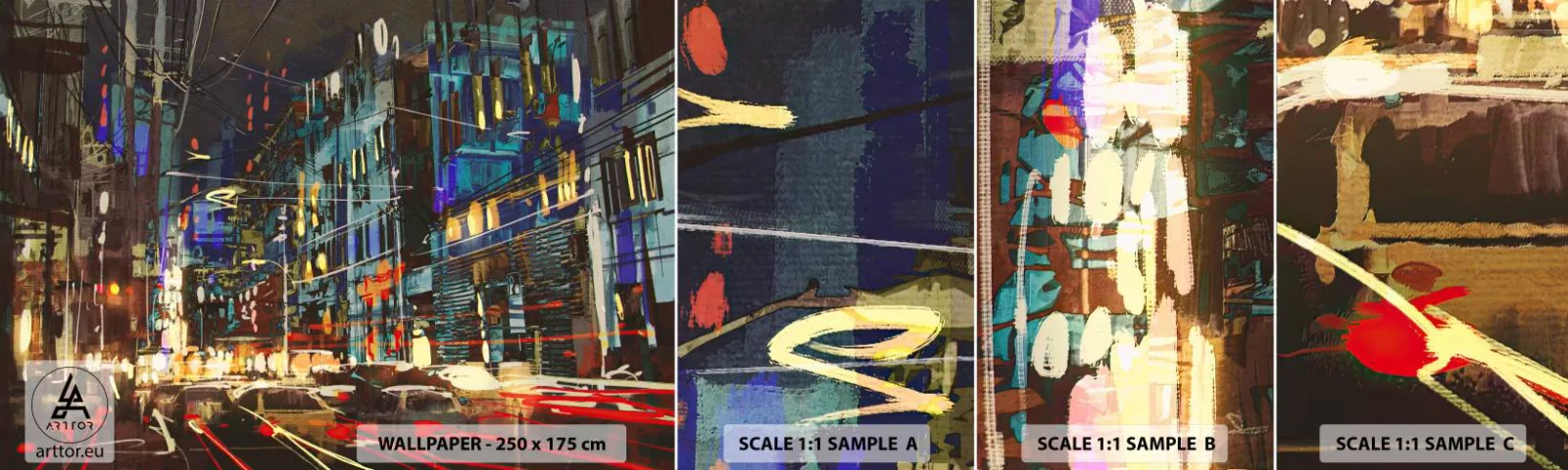 Provbit av självhäftande fototapet Deluxe Sticker - Gatans kvällsbuller - Stad, Arkitektur, Nattliv - 100x30 cm