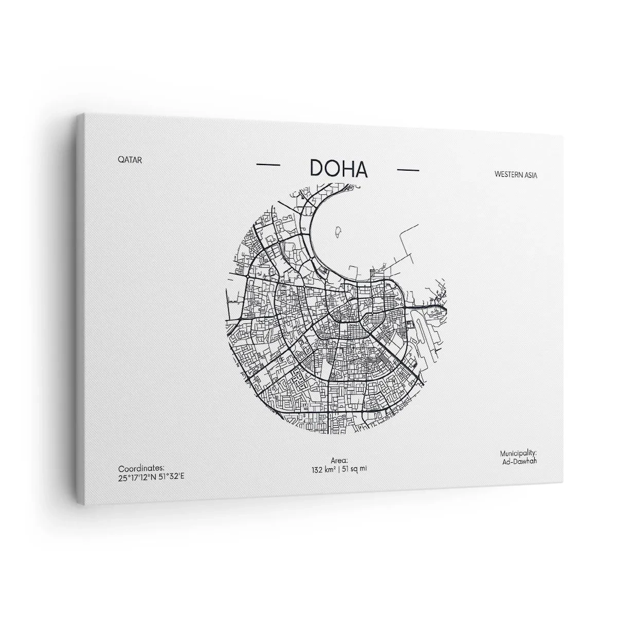 Canvastavla - Bild på duk - En minimalistisk karta över Doha i svartvitt med exakta detaljer. - 70x50cm - Dohas anatomi - Modern väggdekoration för vardagsrum och sovrum ARTTOR