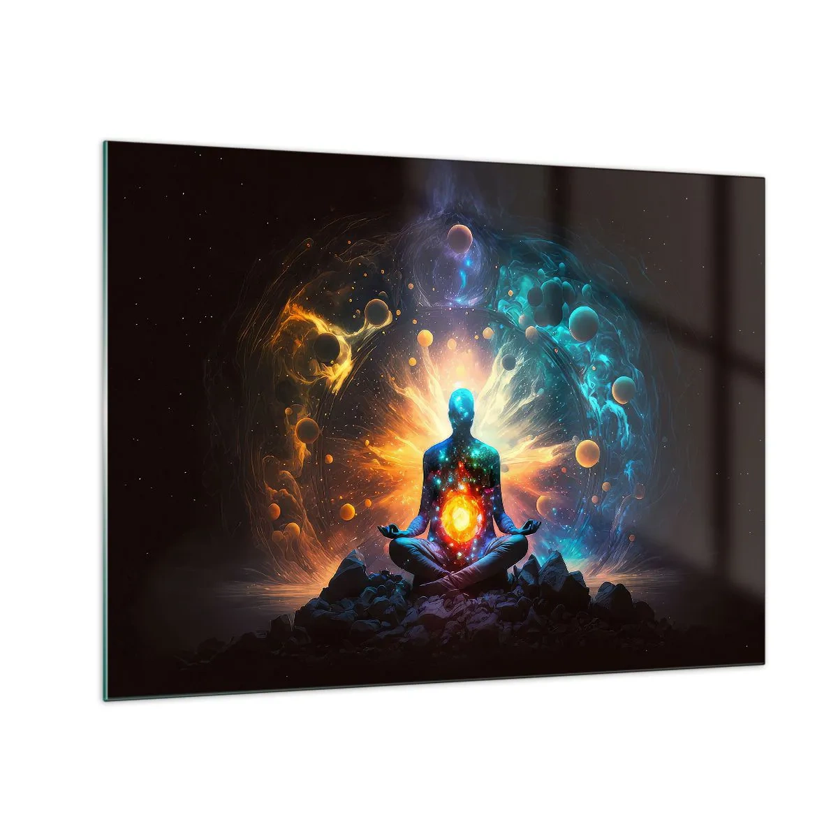 Glastavla - Bild på glas - En mediterande silhuett i en kosmisk explosion av färger - 70x50cm - Kosmisk stillhet - Modern väggdekoration för vardagsrum och sovrum ARTTOR
