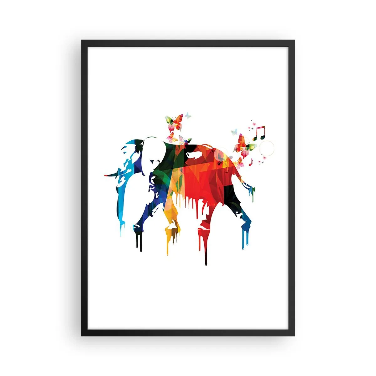 Affisch i svart ram - Färgglad abstrakt elefant med musikaliska motiv - 50x70cm - Var och en kan dansa - Modern väggdekoration för vardagsrum och sovrum ARTTOR